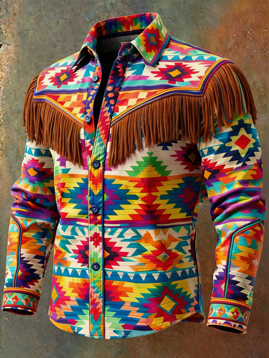 Men's Retro Leisurely Style Art Print Western Vintage Tassel Casual Long Sleeve Shirt